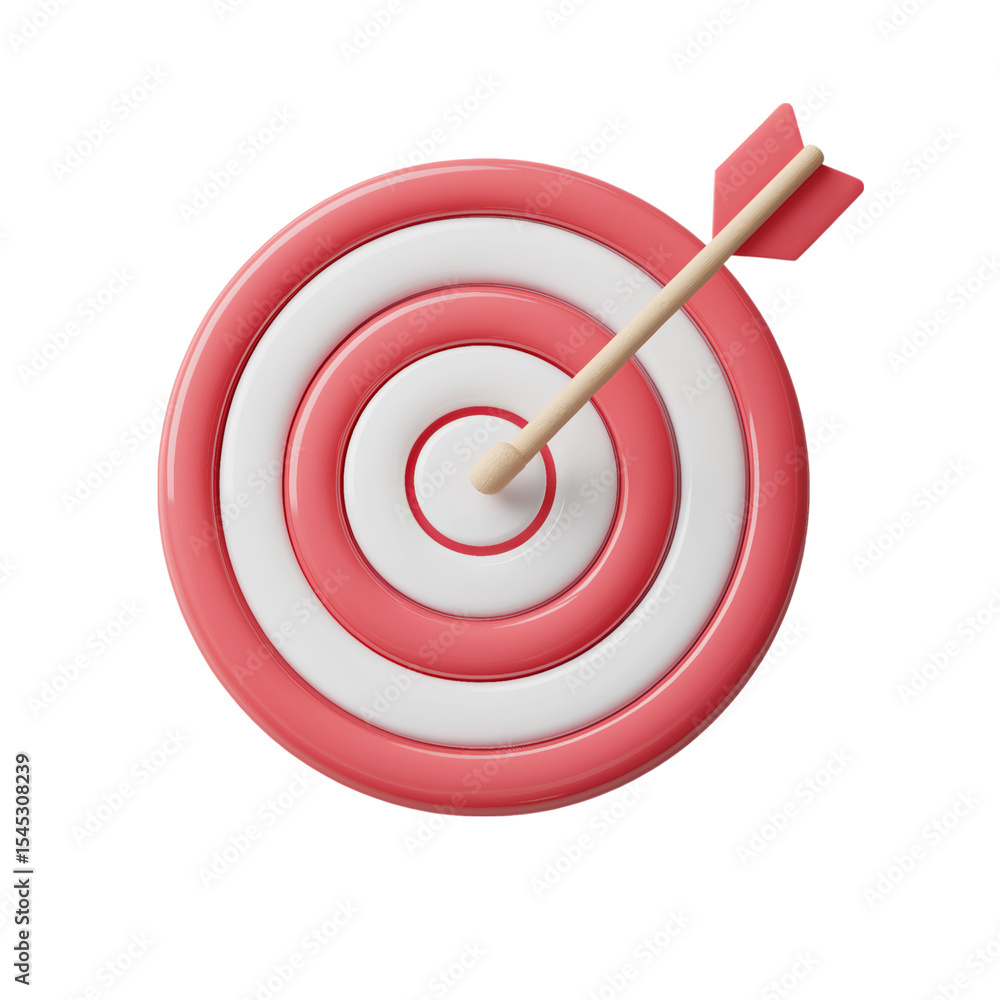 3D icon of a target with an arrow, in a red and white color scheme, Cartoon plastic style isolated on a transparent background, PNG file. 3D icon of a target with an arrow, in a red and white color scheme, Cartoon plastic style isolated on a transparent background, PNG file.