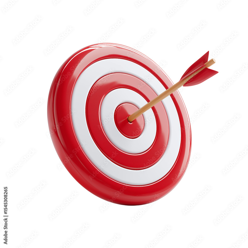 3D icon of a target with an arrow, in a red and white color scheme, Cartoon plastic style isolated on a transparent background, PNG file. 3D icon of a target with an arrow, in a red and white color scheme, Cartoon plastic style isolated on a transparent background, PNG file.