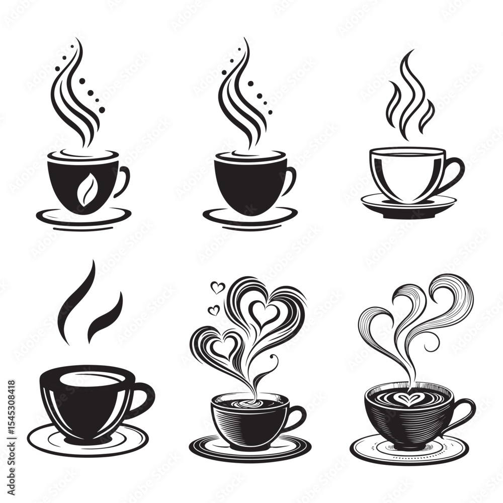 Obraz premium Black Coffee Cup Vector Set – Steaming Mug Silhouette