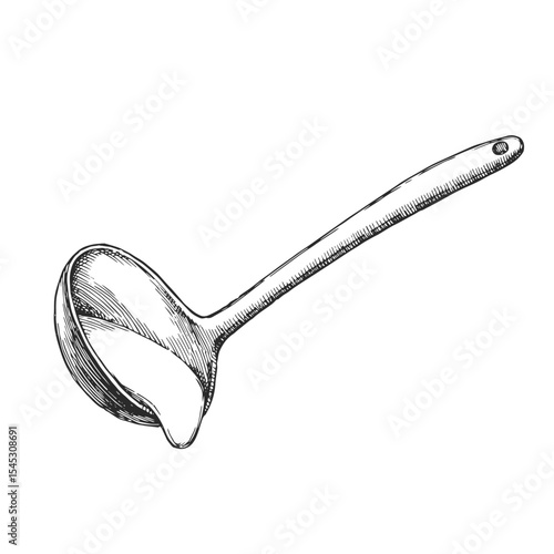 Vector hand-drawn illustration of a ladle with dough. Black and white sketch of the process of cooking.
