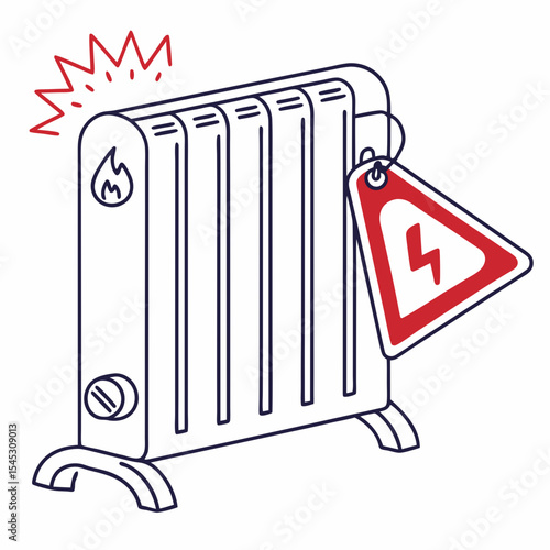 Electric radiator with warning sign and flame icon illustration  