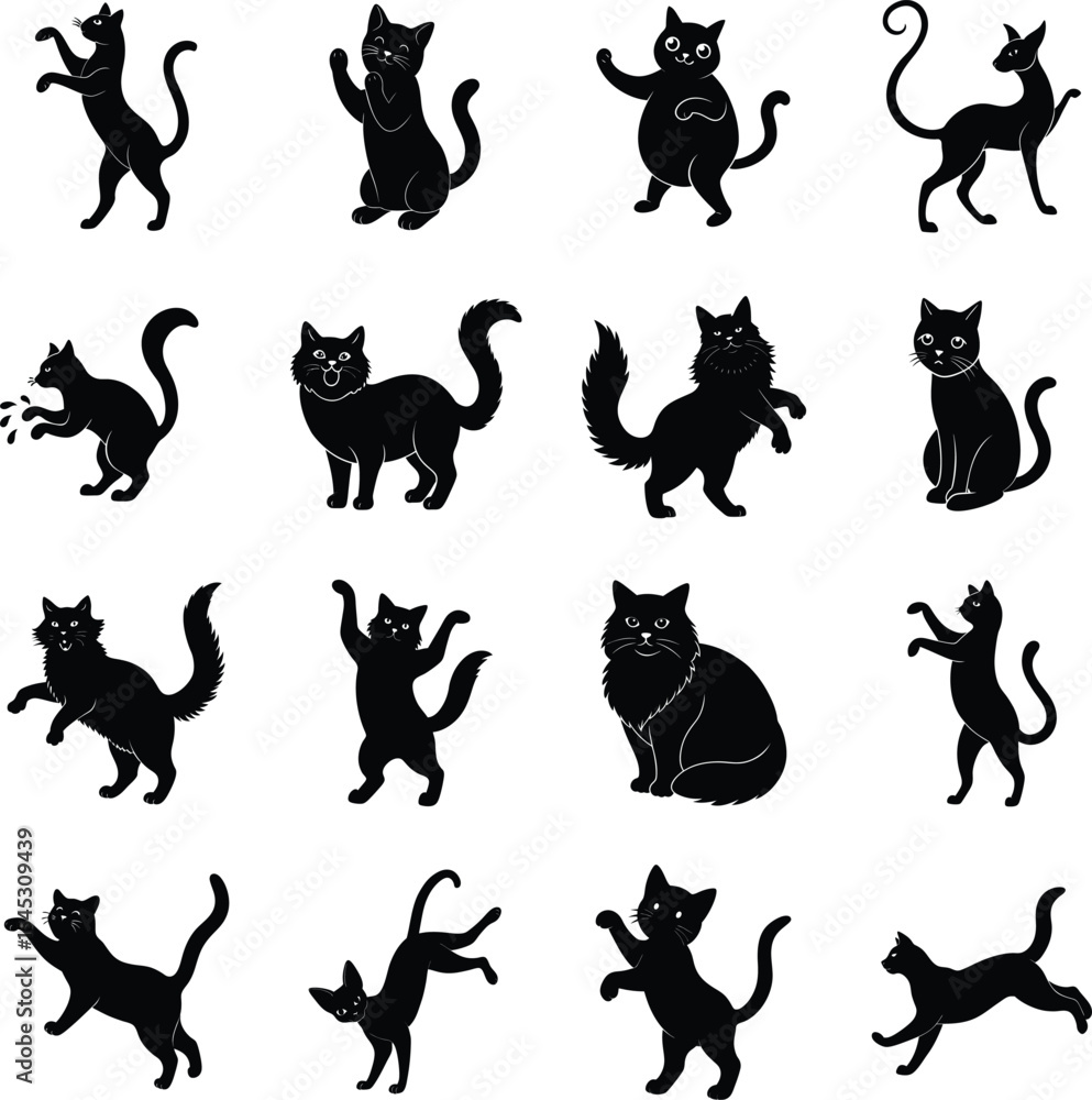 Obraz premium Elegant Feline Silhouettes A Collection of Black Cat Illustrations Depicting Various Poses and Expressions