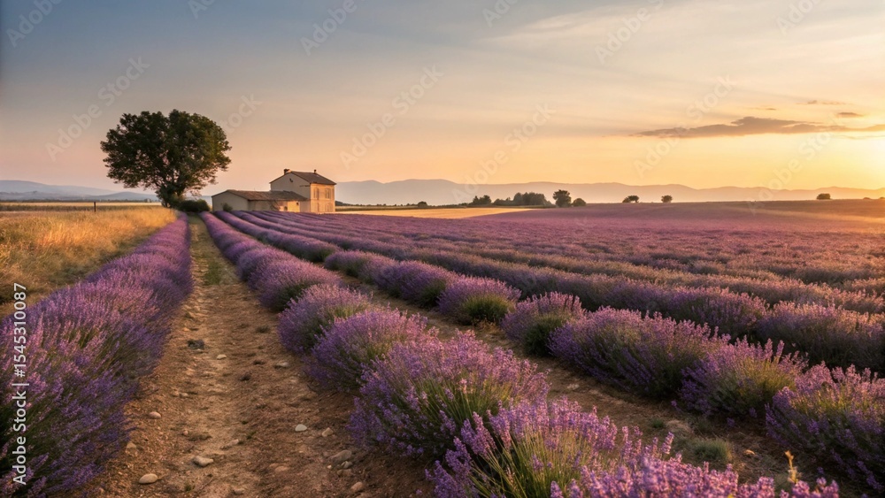 Fototapeta premium Lavender field in bloom with a house and tree at sunset 