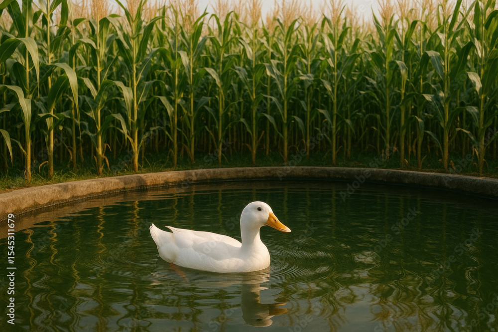 Obraz premium Duck swimming in pond among tall grass.
