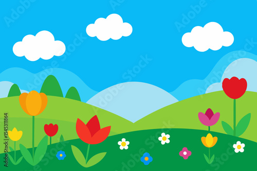 Spring landscape with colorful tulips and flowers