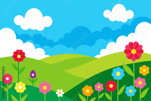 Cartoon spring landscape with colorful flowers and rolling hills