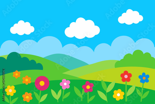 Cartoon spring landscape with colorful flowers and hills