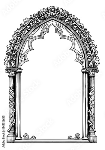 Intricate gothic archway illustration with detailed carvings, isolated on white background.