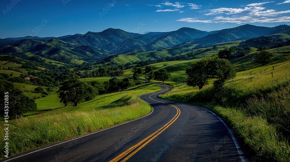 Scenic winding road through lush green hills under a clear blue sky in the countryside Scenic winding road through lush green hills under a clear blue sky in the countryside