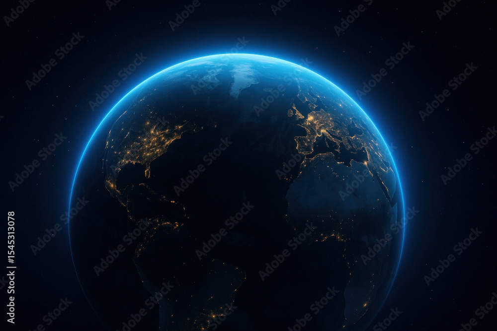 Obraz premium Nighttime globe photograph highlighting city lights against dark background.