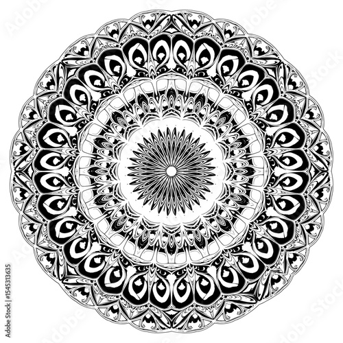 Intricate black and white mandala design with radial symmetry and detailed floral and geometric patterns.