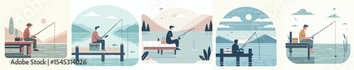 Fisherman Sitting on Dock and Fishing in Lake - Flat Design Vector Illustration