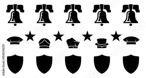 Liberty Bell, Star, Hat, Shield Icons Vector Graphics Set for Patriotic Designs