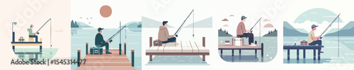 Man Fishing on Wooden Dock in Lake - Flat Design Vector Illustration