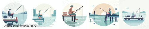 Man Fishing on Wooden Pier at Lake - Outdoor Summer Activity Flat Vector Illustration