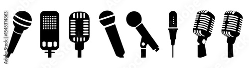 Collection of Microphone Icons Diverse Styles for Audio Recording and Broadcasting