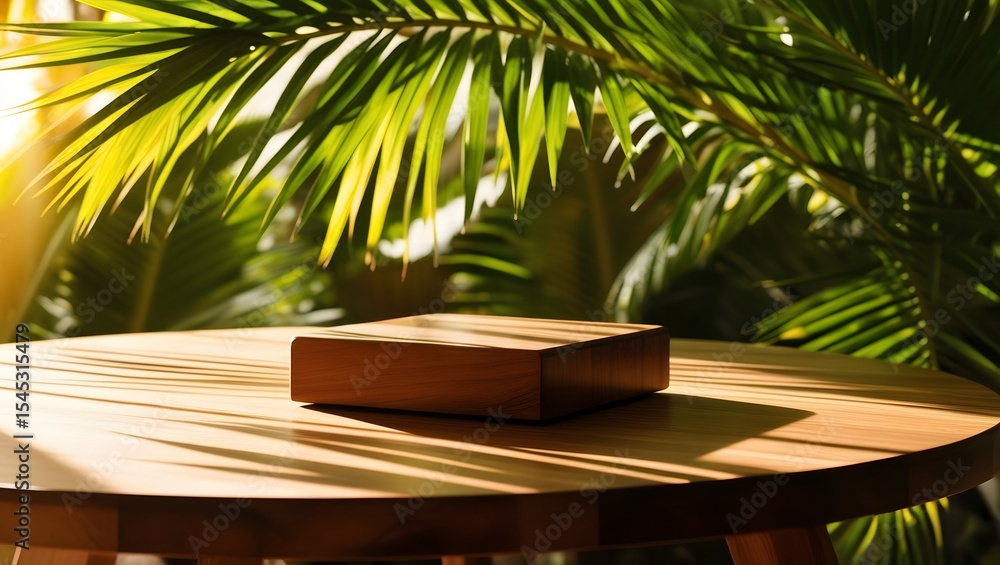 Wooden box resting on a round table with palm leaves creating a natural background Wooden box resting on a round table with palm leaves creating a natural background