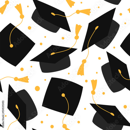 Graduation caps pattern, seamless vector background. Grad hats in air. Square academic cap, mortarboard. High school, college, academy graduate symbols pattern