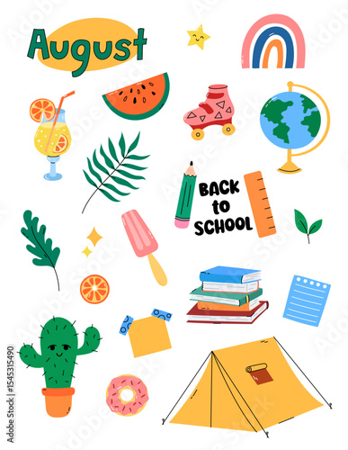 Cute August clipart, sticker set. Vector illustration collection of summer themed elements camping tent, watermelon, cocktail. Monthly clip art, stickers for planners, summertime designs. US Letter