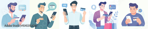 Man Using Smartphone and Credit Card for Online Shopping and Payment – Flat Design Illustration