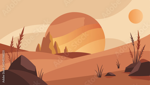 Abstract desert landscape illustration with sunset and simplistic stylized nature elements