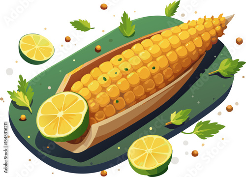 Grilled corn cob (bhutta) with lemon and masala sprinkled, white background. street side vendor roasting corn on cob on the road side on hot coals.