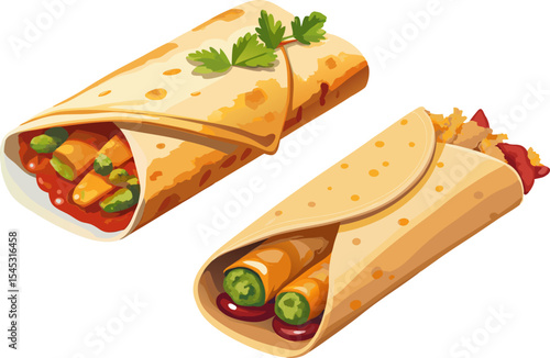 Kathi roll with visible paneer stuffing wrapped in roti, white background. Cottage Cheese Paneer kathi roll or wrap known as kolkata style spring rolls