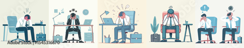Frustrated Businessman Feeling Office Stress and Mental Fatigue – Flat Design Illustration