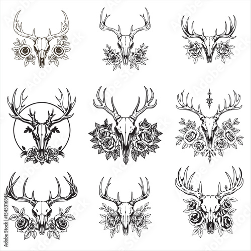 set of vector Deer Skull Tattoo