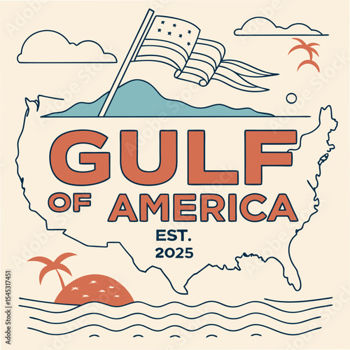 Gulf of America USA Map with Flag, Mountains, and Beach