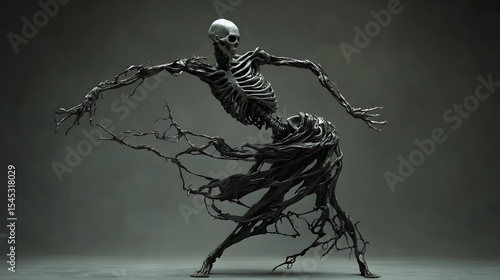 The skeleton of a dancer in a dance. A postcard for the day of death. A female skeleton in a full-length dance. Halloween
