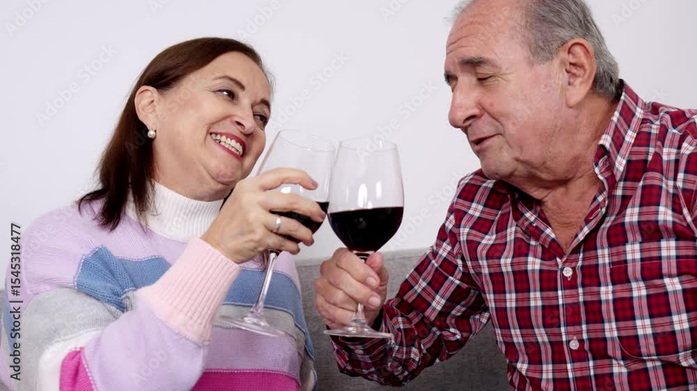 Senior couple sharing wine and laughter at home Senior couple sharing wine and laughter at home