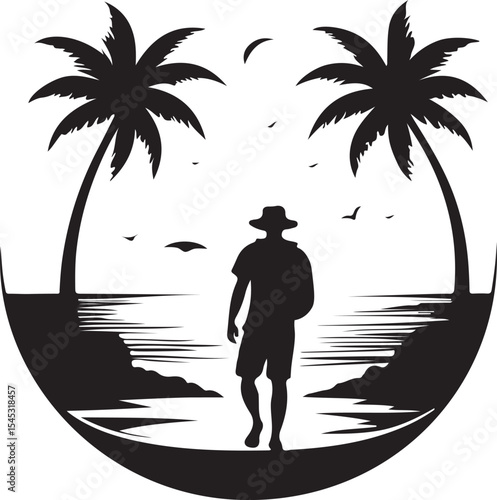 Silhouette of a traveler amidst tropical scenery.