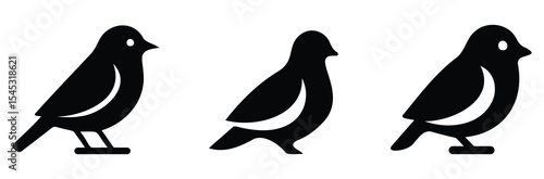 Minimal black bird silhouette icons in various perched positions on white background, simple avian graphic set