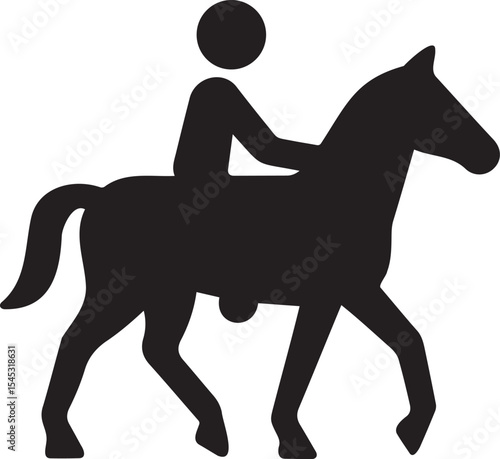 Stickman equestrian sport silhouette with person riding horse, minimal black icon for horse riding, race, or travel concepts