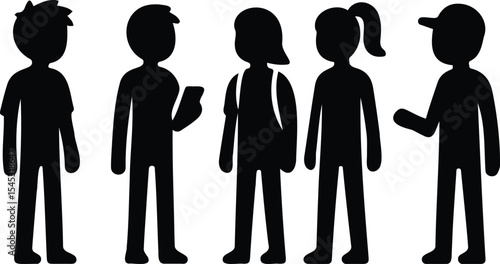 Stickman group icon of people talking and socializing in minimal silhouette style, teamwork and communication concept