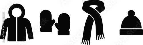 Winter clothing silhouette icons including jacket, gloves, scarf, and beanie in minimal black design