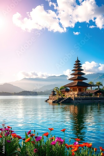 Serene ulun danu beratan temple on lake bratan in bali indonesia