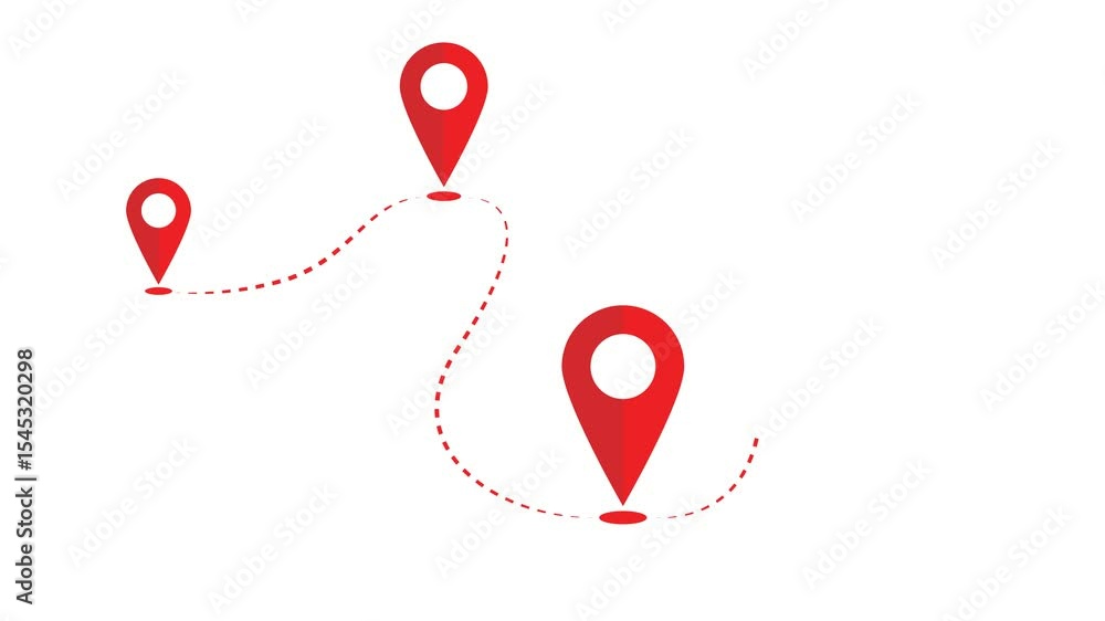 Multiple red location pin icon animations connected by dotted path on ...