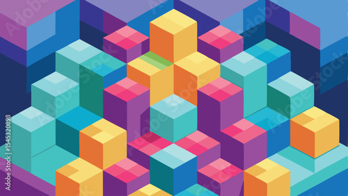 Abstract isometric colorful cubes illustration with dimensional geometric shapes on transparent background