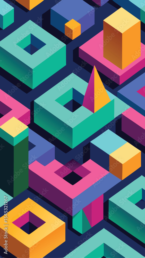 Abstract isometric geometric shapes with vibrant colors seamless decorative background Abstract isometric geometric shapes with vibrant colors seamless decorative background