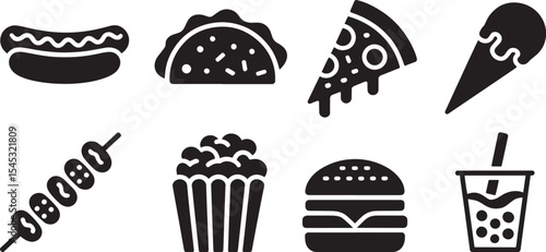 Black and White Food Icons Set Hot Dog Taco Pizza Ice Cream Skewers Popcorn Burger Boba Tea hotdog icecream