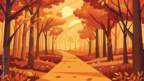 Autumnal forest pathway illustration with leaves and sunlight suitable for various design projects