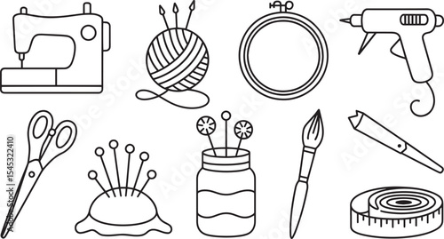 Black and White Line Art Illustration of Sewing and Crafting Tools Yarn Ball Sewing Machine Scissors Pins Glue