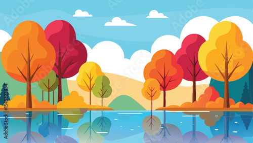 Autumnal landscape illustration featuring colorful trees and reflections on a calm lake