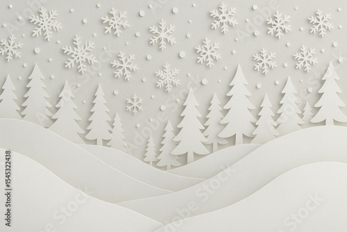 Paper cut Christmas scene: snowflakes float around intricate trees.