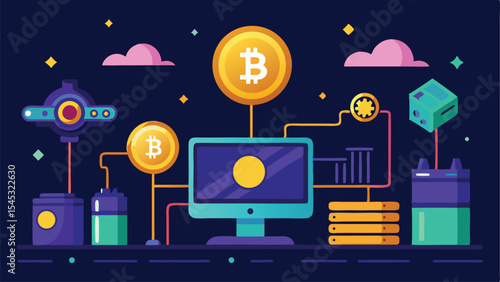 Bitcoin cryptocurrency digital network illustration with computer server and mining elements