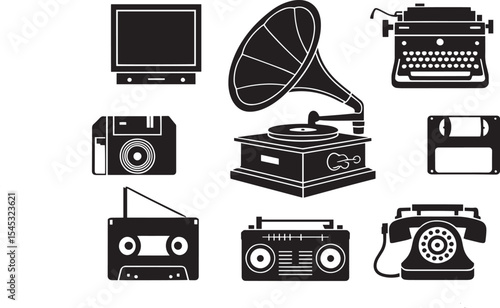 Black and White Silhouettes of Vintage Technology Items including a Gramophone Typewriter Cassette Tape Floppy