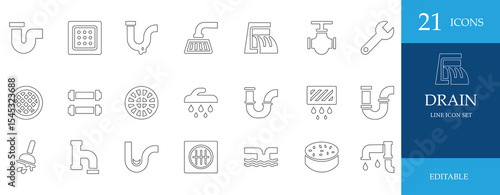 Minimal drain line icon set featuring plumbing, sewage, sanitation, wastewater, and infrastructure systems. Perfect for utility, city planning, and maintenance projects