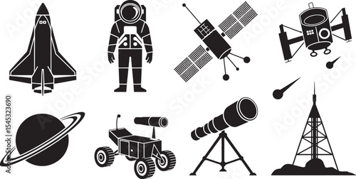 Black and White Space Exploration Icons Set Astronaut Rocket Satellite Telescope Planet Rover Launchpad